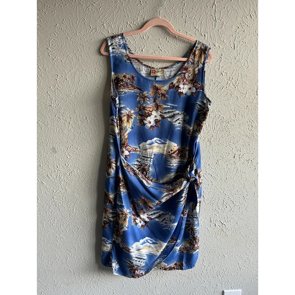 Women's Hilo Hattie Blue Tropical Rayon Sarong Wrap Dress Floral Hawaiian Size L - Picture 11 of 14